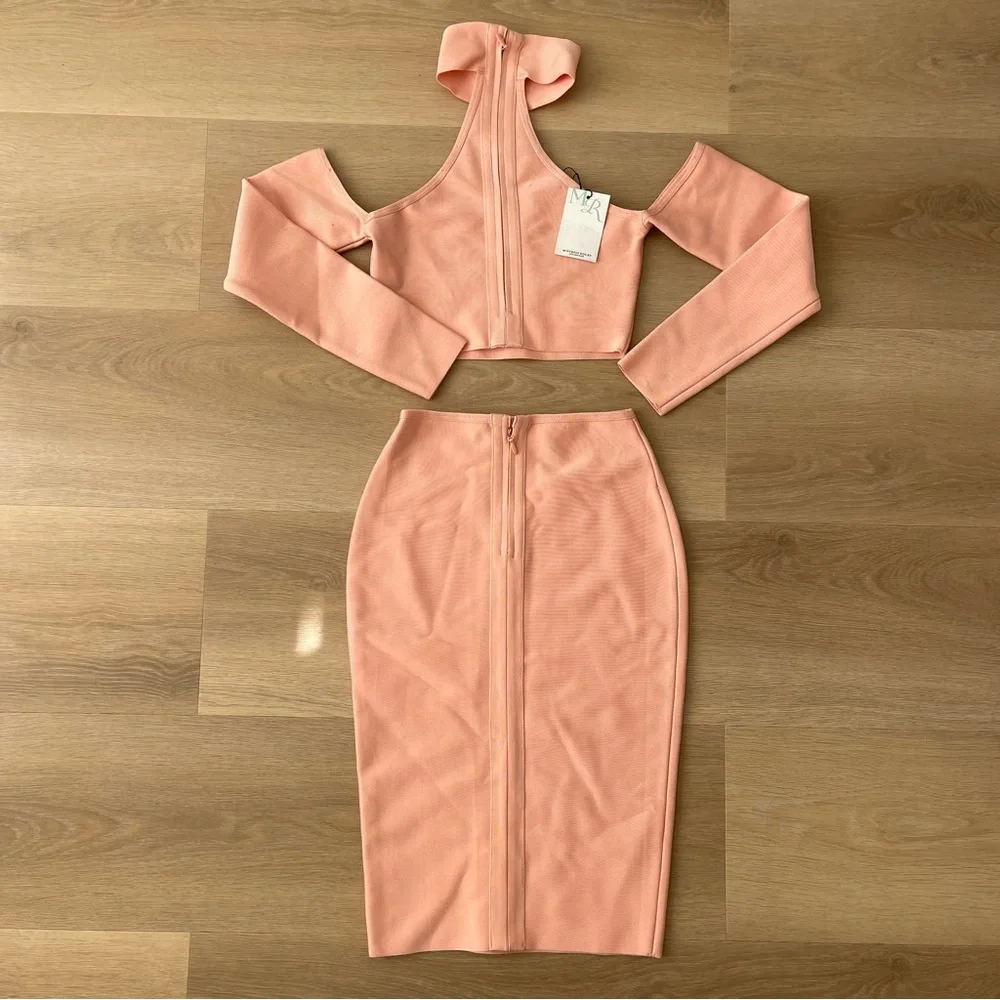 NWT Mistress Rocks Coral Peach Bandage Bodycon Skirt and Top Set Size Small - Picture 7 of 7